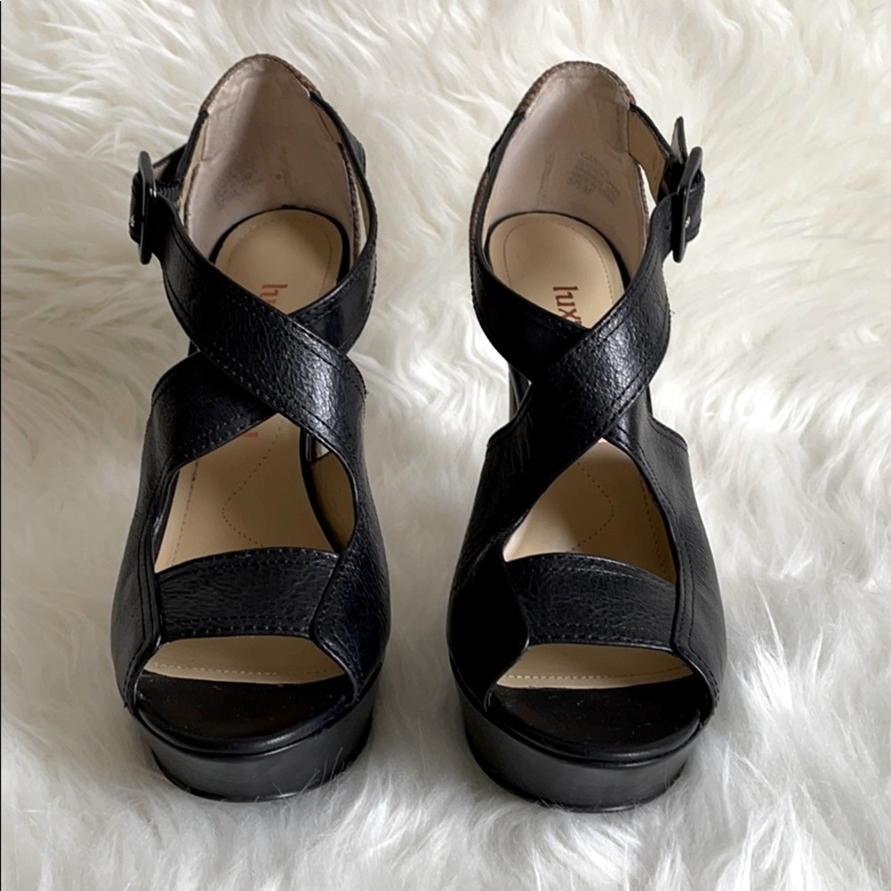 Black Tan Python Leather Platform Strap Heels Sz 7 - image 4